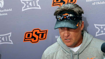 Oklahoma State head football coach Mike Gundy speaks to the media before an Oklahoma State University Cowboys spring football practice in Stillwater, Okla., Tuesday, March 26, 2024.
