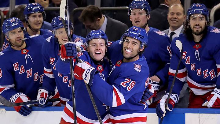 Mar 27, 2026; New York, New York, USA; New York Rangers left wing Adam Sykora (38) celebrates his goal against the Chicago Blackhawks with defenseman Matthew Robertson (29) during the second period at Madison Square Garden. The goal was the first of his NHL career. Mandatory Credit: Brad Penner-Imagn Images Mar 27, 2026; New York, New York, USA; New York Rangers left wing Adam Sykora (38) celebrates his goal against the Chicago Blackhawks with defenseman Matthew Robertson (29) during the second period at Madison Square Garden. The goal was the first of his NHL career. Mandatory Credit: Brad Penner-Imagn Images