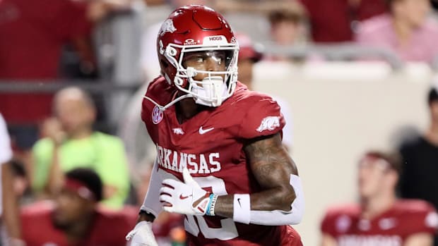 Arkansas Razorbacks wide receiver Monte Harrison runs against UAPB in 2024.