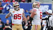 Nov 2, 2025; East Rutherford, New Jersey, USA; San Francisco 49ers tight end George Kittle (85) waves his finger after a penalty on the New York Giants during the second half at MetLife Stadium. Mandatory Credit: Ed Mulholland-Imagn Images