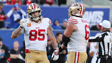Nov 2, 2025; East Rutherford, New Jersey, USA; San Francisco 49ers tight end George Kittle (85) waves his finger after a penalty on the New York Giants during the second half at MetLife Stadium. Mandatory Credit: Ed Mulholland-Imagn Images