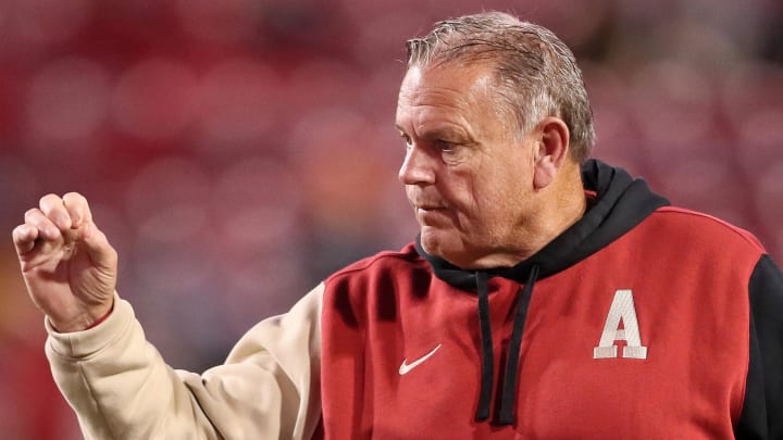 Arkansas Razorbacks coach Sam Pittman during the fourth quarter against the Missouri Tigers at Razorback Stadium. Missouri won 48-14.