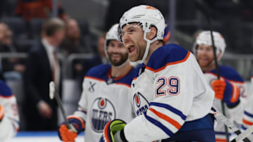 Mar 14, 2025; Elmont, New York, USA; Edmonton Oilers center Leon Draisaitl (29) celebrates the game winning goal after overtime against the New York Islanders at UBS Arena. Mandatory Credit: Thomas Salus-Imagn Images