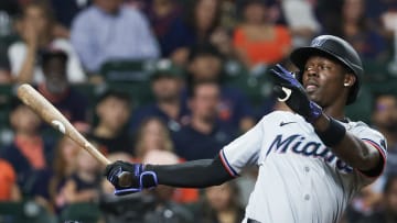 Jul 11, 2024; Houston, Texas, USA; Miami Marlins designated hitter Jazz Chisholm Jr. (2) reacts to his strikeout against the Houston Astros in the ninth inning at Minute Maid Park. Mandatory Credit: Thomas Shea-USA TODAY Sports