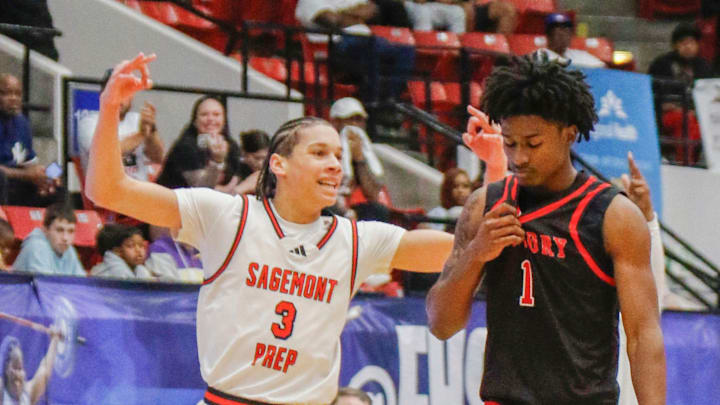 Sagemont’s #3 celebrates in the final minutes as Victory’s #1 Jozia Scott walks back to the bench in the final seconds of the 1A Championship game. Lakeland’s Victory Christian HS vs Weston’s Sagemont HS FHSAA 1A State Boys basketball Championship game at the RP Funding Center in Lakeland Fl. February 27th 2025. Photos special to the Ledger / Calvin Knight Sagemont’s #3 celebrates in the final minutes as Victory’s #1 Jozia Scott walks back to the bench in the final seconds of the 1A Championship game. Lakeland’s Victory Christian HS vs Weston’s Sagemont HS FHSAA 1A State Boys basketball Championship game at the RP Funding Center in Lakeland Fl. February 27th 2025. Photos special to the Ledger / Calvin Knight