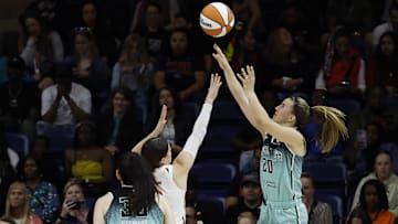 May 30, 2025; Washington, District of Columbia, USA; New York Liberty guard Sabrina Ionescu (20) shoots the ball over Washington Mystics guard Jade Melbourne (5) in the second half at CareFirst Arena. Mandatory Credit: Geoff Burke-Imagn Images