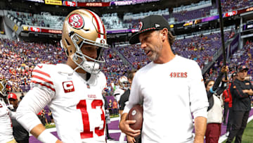 San Francisco 49ers quarterback Brock Purdy (L) and head coach Kyle Shanahan (R)