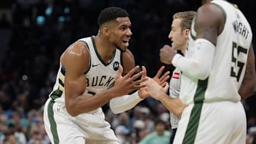 Nov 16, 2024; Charlotte, North Carolina, USA; Milwaukee Bucks forward Giannis Antetokounmpo (34) argues a call with referee Brandon Schwab (86) during the second half against the Charlotte Hornets at Spectrum Center. Mandatory Credit: Jim Dedmon-Imagn Images