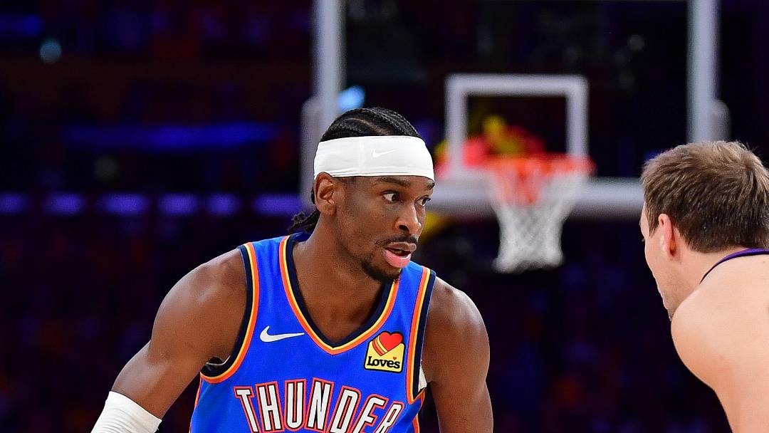 May 11, 2026; Los Angeles, California, USA; Oklahoma City Thunder guard Shai Gilgeous-Alexander (2) controls the ball against Los Angeles Lakers guard Luke Kennard (10) during the second half in game four of the second round of the 2026 NBA Playoffs at Crypto.com Arena. Mandatory Credit: Gary A. Vasquez-Imagn Images