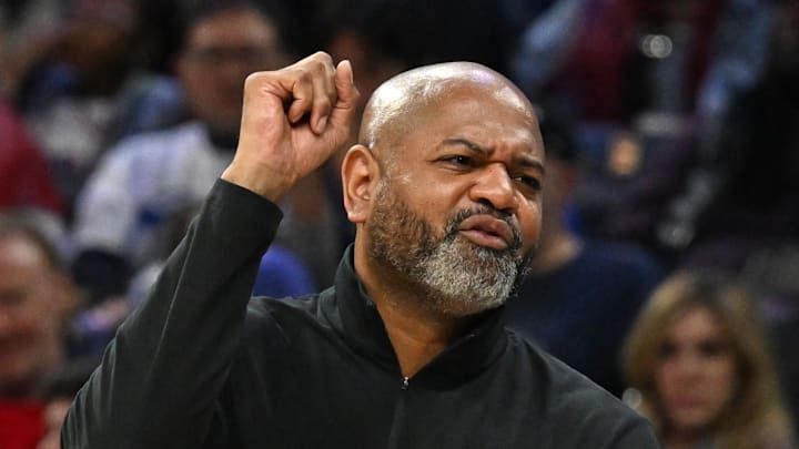 Apr 4, 2026; Philadelphia, Pennsylvania, USA; Detroit Pistons head coach J.B. Bickerstaff against the Philadelphia 76ers during the second half at Xfinity Mobile Arena. Mandatory Credit: Eric Hartline-Imagn Images