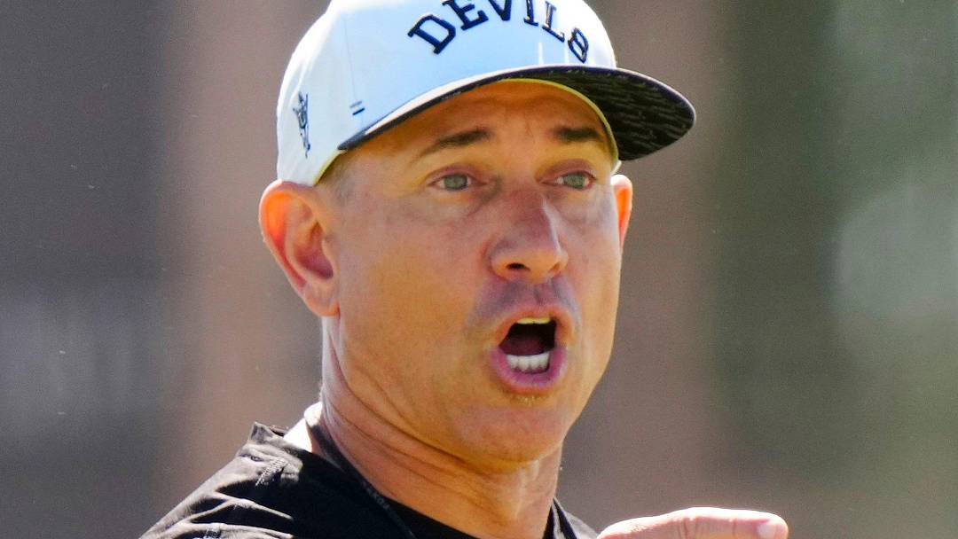 Arizona State offensive coordinator Marcus Arroyo calls out to his team during a spring practice at Kajikawa practice fields in Tempe, Ariz. on April 14, 2026.