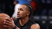 Apr 13, 2025; Brooklyn, New York, USA; Brooklyn Nets guard Tyson Etienne (10) warms up before the game against the New York Knicks at Barclays Center. Mandatory Credit: Vincent Carchietta-Imagn Images