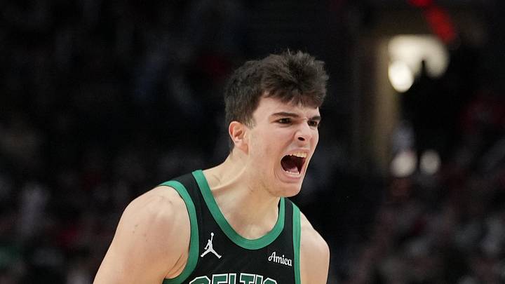 Dec 28, 2025; Portland, Oregon, USA; Boston Celtics guard Hugo Gonzalez (28) celebrates after making a three-point basket during the second half against the Portland Trail Blazers at Moda Center. Mandatory Credit: Soobum Im-Imagn Images