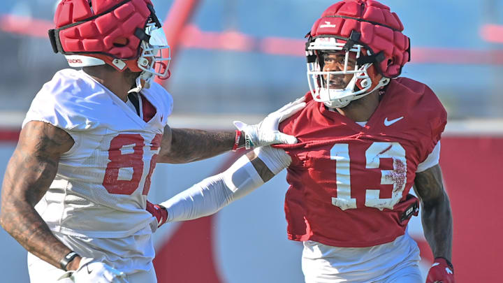 Arkansas Razorbacks corner back Marquise Robinson during drills in fall camp on the outdoor fields in Fayetteville, Ark.