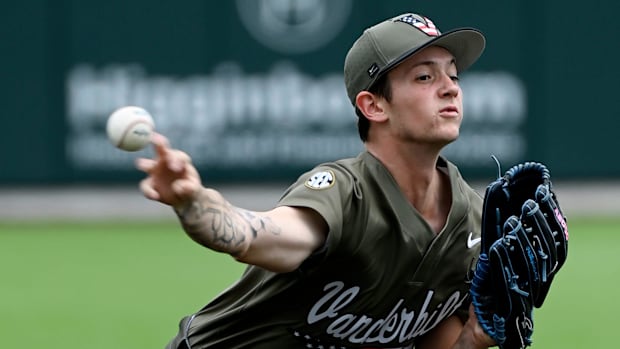 Vanderbilt pitcher Connor Fennell (39) throw to a Georgia batter during the first inning of an NCAA college baseball game.