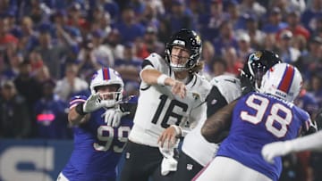 Bills Casey Toohill closes in on Jaguars quarterback Trevor Lawrence but Lawrence got his pass attempt off before Toohill reached him during first half action at Highmark Stadium in Orchard Park on Sept. 23, 2024.