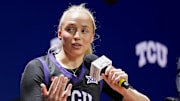 TCU Horned Frogs guard Hailey Van Lith talks to media.