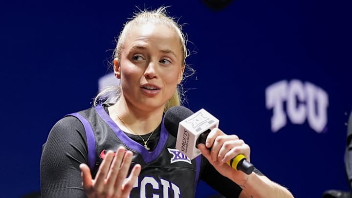 TCU Horned Frogs guard Hailey Van Lith talks to media.