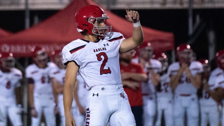 Brentwood Academy's London Bironas (2) watches his field goal split the uprights against Brentwood at James C. Parker Stadium Friday night, Aug. 25, 2023.