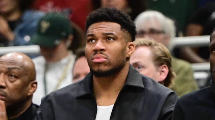 Milwaukee Bucks forward Giannis Antetokounmpo (34) sits on the bench while not playing against the Orlando Magic at Fiserv Forum on March 8, 2026.