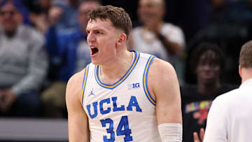 Nov 14, 2025; Inglewood, California, USA;  UCLA Bruins forward Tyler Bilodeau (34) reacts to a play during the first half of the Hall of Fame Series game against the Arizona Wildcats at Intuit Dome. Mandatory Credit: Kiyoshi Mio-Imagn Images