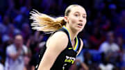 Aug 15, 2025; Dallas Wings guard Paige Bueckers reacts during the second half against the Los Angeles Sparks at College Park Center.