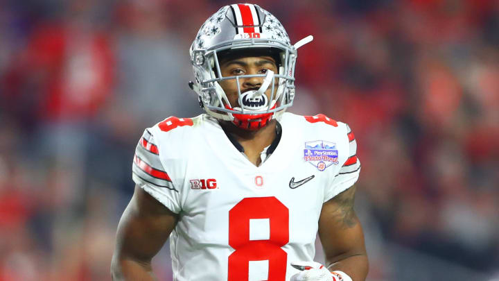 December 31, 2016; Glendale, AZ, USA;  Ohio State Buckeyes cornerback Gareon Conley (8) against the Clemson Tigers in the the 2016 CFP semifinal at University of Phoenix Stadium. Mandatory Credit: Mark J. Rebilas-USA TODAY Sports