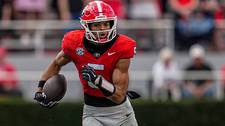 Nov 22, 2025; Athens, Georgia, USA; Georgia Bulldogs wide receiver Noah Thomas (5) runs after a catch against the Charlotte 49ers during the second half at Sanford Stadium. Mandatory Credit: Dale Zanine-Imagn Images