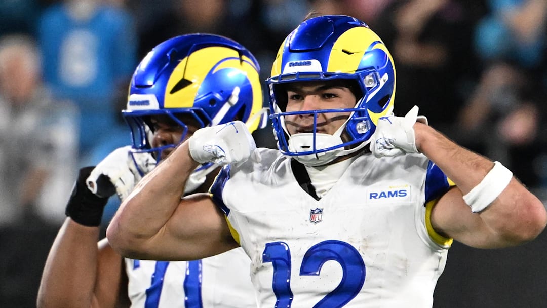 Jan 10, 2026; Charlotte, NC, USA; Los Angeles Rams wide receiver Puka Nacua (12) react in the fourth quarter in an NFC Wild Card Round game at Bank of America Stadium. Mandatory Credit: Bob Donnan-Imagn Images