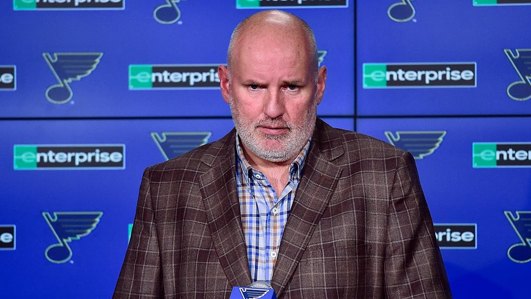 Feb 18, 2020; St. Louis, Missouri, USA;  St. Louis Blues general manager Doug Armstrong talks with the media about the acquisition of defenseman Marco Scandella from the Montreal Canadians prior to a game against the New Jersey Devils at Enterprise Center. Mandatory Credit: Jeff Curry-Imagn Images
