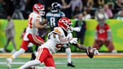 Feb 9, 2025; New Orleans, LA, USA; Kansas City Chiefs wide receiver DeAndre Hopkins (8) is unable to make a catch against the Philadelphia Eagles during the first half of Super Bowl LIX at Caesars Superdome. Mandatory Credit: Geoff Burke-Imagn Images