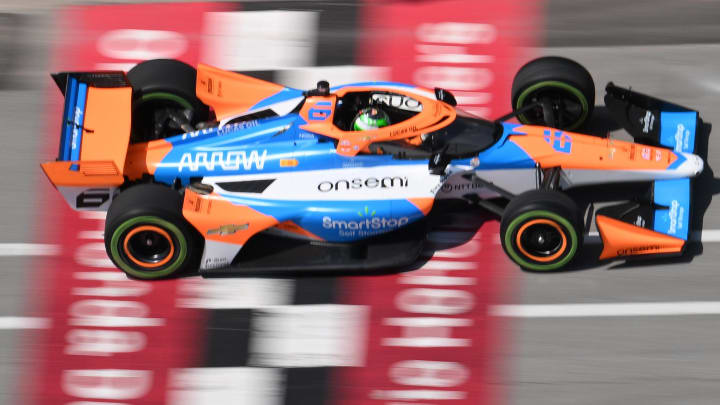 Jul 20, 2024; Toronto, Ontario, CAN;  Arrow McLaren driver Nolan Siegel (6) during qualifying for the Honda Dealers Indy at Streets of Toronto. Mandatory Credit: Dan Hamilton-USA TODAY Sports