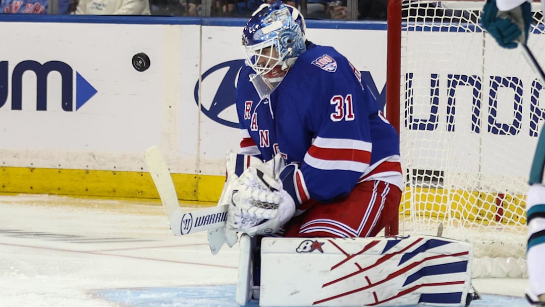 Oct 23, 2025; New York, New York, USA;  New York Rangers goaltender Igor Shesterkin (31) makes a save on a shot on goal attempt in the second period against the San Jose Sharks at Madison Square Garden. Mandatory Credit: Wendell Cruz-Imagn Images Oct 23, 2025; New York, New York, USA;  New York Rangers goaltender Igor Shesterkin (31) makes a save on a shot on goal attempt in the second period against the San Jose Sharks at Madison Square Garden. Mandatory Credit: Wendell Cruz-Imagn Images