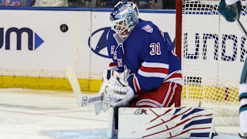 Oct 23, 2025; New York, New York, USA;  New York Rangers goaltender Igor Shesterkin (31) makes a save on a shot on goal attempt in the second period against the San Jose Sharks at Madison Square Garden. Mandatory Credit: Wendell Cruz-Imagn Images