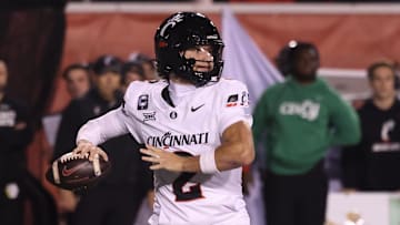 Nov 1, 2025; Salt Lake City, Utah, USA; Cincinnati Bearcats quarterback Brendan Sorsby (2) throws the ball against the Utah Utes during the second quarter at Rice-Eccles Stadium. Mandatory Credit: Rob Gray-Imagn Images