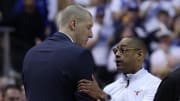 Jan 27, 2024; Provo, Utah, USA; Brigham Young Cougars head coach Mark Pope and Texas Longhorns head coach Rodney Terry shake hands after a game at Marriott Center. Mandatory Credit: Rob Gray-USA TODAY Sports