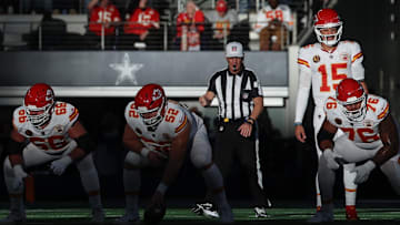 Nov 27, 2025; Arlington, Texas, USA; Kansas City Chiefs quarterback Patrick Mahomes (15) waits for the snap against the Dallas Cowboys during the second quarter at AT&T Stadium. Mandatory Credit: Kevin Jairaj-Imagn Images