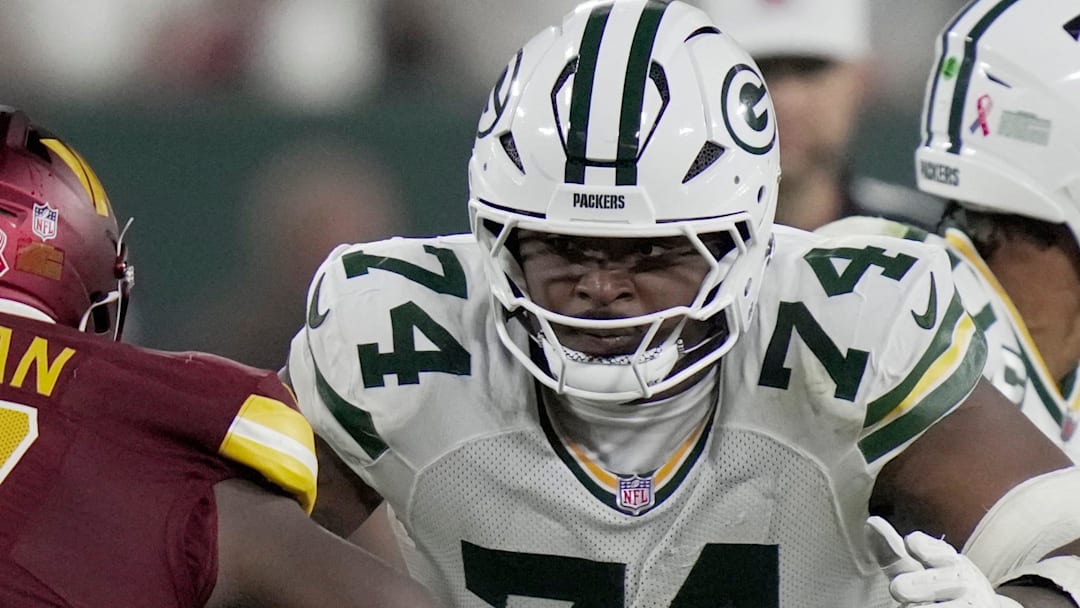 Green Bay Packers center Elgton Jenkins is shown in action against the Washington Commanders.