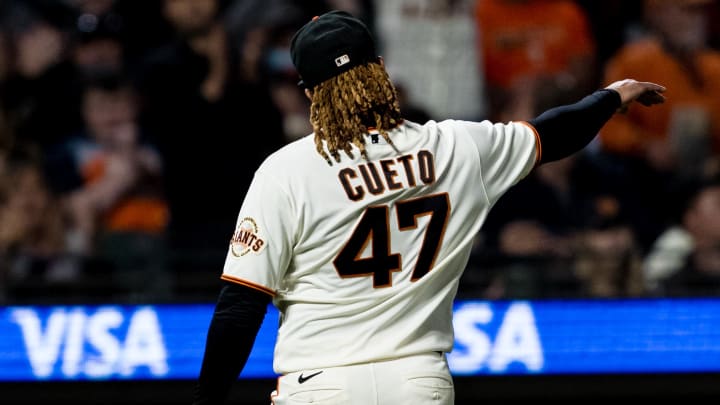 Sep 30, 2021; San Francisco, California, USA; San Francisco Giants starting pitcher Johnny Cueto (47) throws his gum after being removed in the fifth inning of the game against the Arizona Diamondbacks at Oracle Park