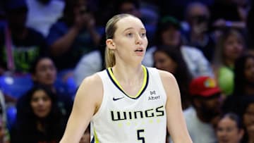 Dallas Wings guard Paige Bueckers reacts to a play.