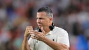 Sep 20, 2025; Miami Gardens, Florida, USA; Miami Hurricanes head coach Mario Cristobal reacts against the Florida Gators during the first quarter at Hard Rock Stadium. 