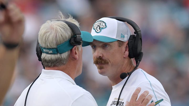 Jacksonville Jaguars head coach Doug Pederson talks with his defensive coordinator Ryan Nielsen on the sidelines during first half action. The Jaguars led 20 to 10 at the end of the first half. The Jacksonville Jaguars hosted the Kansas City Chiefs in the Jaguars first preseason game of the season Saturday, August10, 2024 at EverBank Stadium in Jacksonville, Fla. [Bob Self/Florida Times-Union]