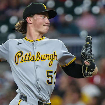 Sep 27, 2025; Cumberland, Georgia, USA; Pittsburgh Pirates pitcher Bubba Chandler (57) pitches the ball against the Atlanta Braves during the third inning at Truist Park. Mandatory Credit: Jordan Godfree-Imagn Images