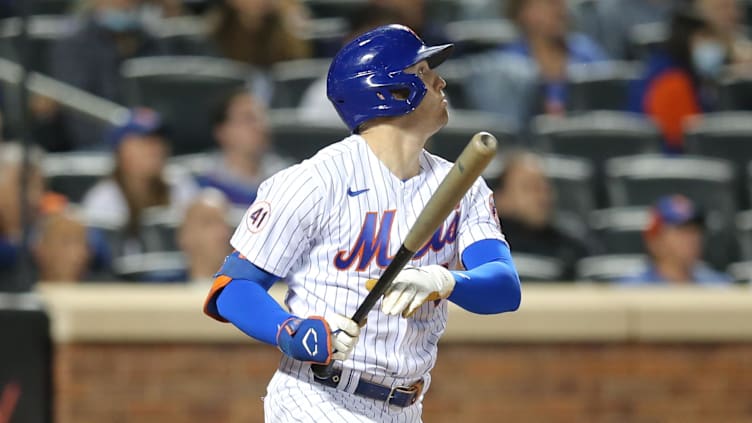 Sep 29, 2021; New York City, New York, USA; New York Mets center fielder Brandon Nimmo (9) follows