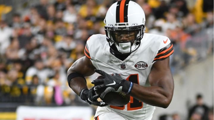 Sep 18, 2023; Pittsburgh, Pennsylvania, USA;  Cleveland Browns running back Nick Chubb (24) against the Pittsburgh Steelers during the first quarter at Acrisure Stadium. Mandatory Credit: Philip G. Pavely-USA TODAY Sports