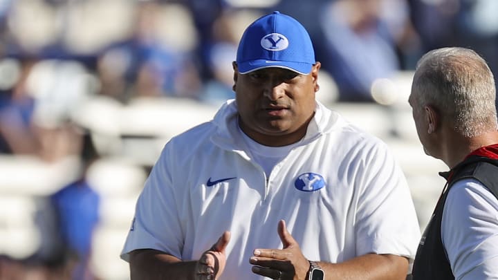 Oct 21, 2023; Provo, Utah, USA; Brigham Young Cougars head coach Kalani Sitake looks on before a game against the Texas Tech Red Raiders at LaVell Edwards Stadium.