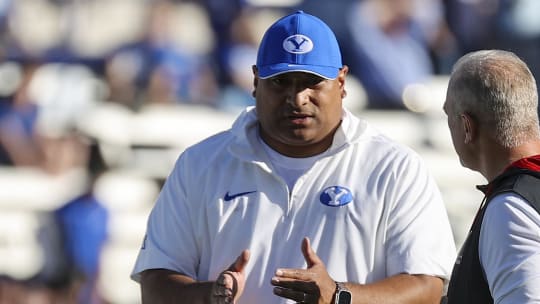 Oct 21, 2023; Provo, Utah, USA; Brigham Young Cougars head coach Kalani Sitake looks on before a game against the Texas Tech Red Raiders at LaVell Edwards Stadium.