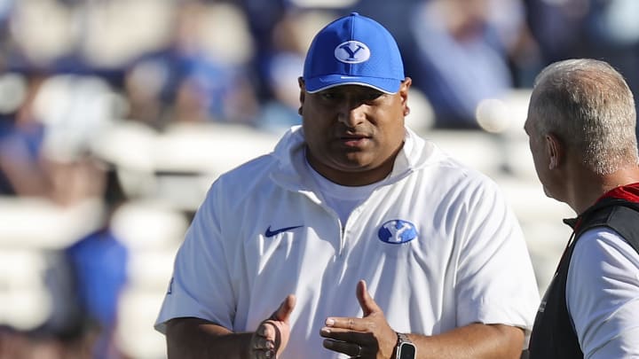 Oct 21, 2023; Provo, Utah, USA; Brigham Young Cougars head coach Kalani Sitake looks on before a game against the Texas Tech Red Raiders at LaVell Edwards Stadium.