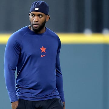 May 9, 2025; Houston, Texas, USA; Houston Astros designated hitter Yordan Alvarez (44) prior to the game against the Cincinnati Reds at Daikin Park