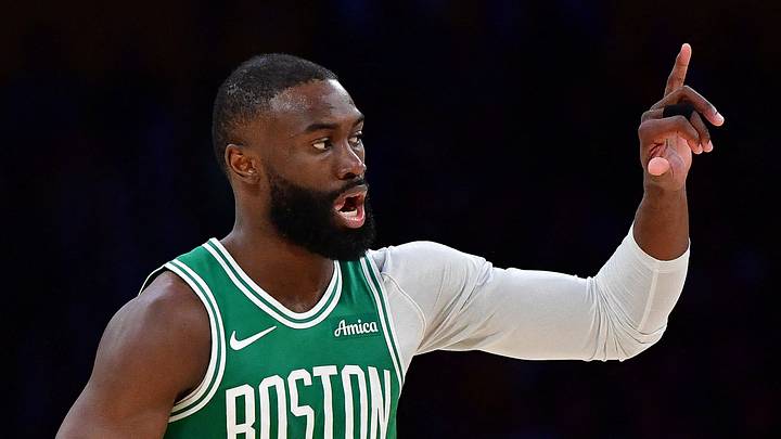 Feb 22, 2026; Los Angeles, California, USA; Boston Celtics guard Jaylen Brown (7) reacts after scoring three point basket against the Los Angeles Lakers during the second half at Crypto.com Arena. Mandatory Credit: Gary A. Vasquez-Imagn Images